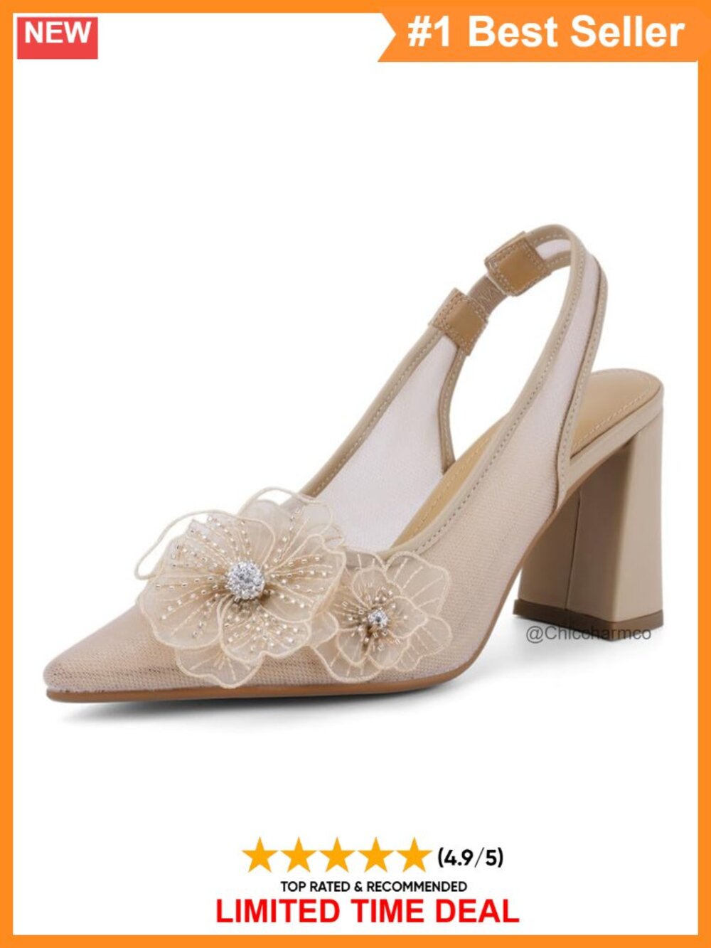Floral Lace Mesh Slingback Pointed Toe Block Heel Pump
